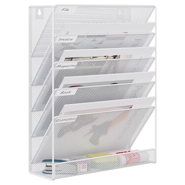 EasyPAG 5 Tier Wall File Holder Mesh Hanging Folder Organizer with Classify Label Versatile Desk File Holder Vertical Wall Mounted Mail Organizer for Office Home Cubicle White