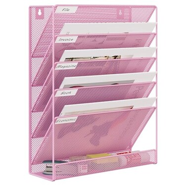 EasyPAG 5 Tier Wall File Holder Mesh Hanging Folder Organizer with Classify Label Versatile Desk File Holder Vertical Wall Mounted Mail Organizer for Office Home Cubicle Pink