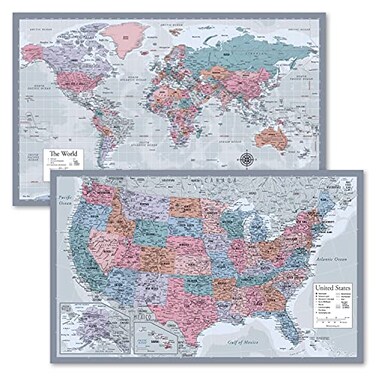 Palace Learning 2 Pack World Map Poster USA Map Chart Purple LAMINATED 18 x 29