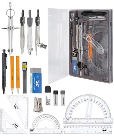 Mr. Pen Mr Pen Geometry Set with 6 Inch Swing Arm Protractor Divider Set Squares Ruler Compasses and Protractor 15 Piece Set
