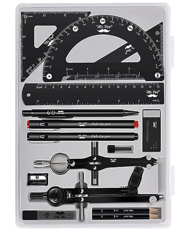 Mr. Pen Mr Pen Professional Geometry Set 15 pcs Drafting Tools with Protractor Compass Metal Ruler Triangles Pens Pencils Complete Geometry Drafting Kit for Architects Engineers Students