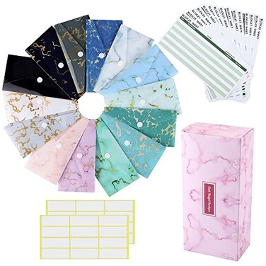Yoption 32Pcs Cash Envelope System 15 Pack Waterproof Reusable Plastic Budget Envelopes 15 Pcs Expense Tracking Budget Sheets and 24 Bill Planner Stickers Marble Print
