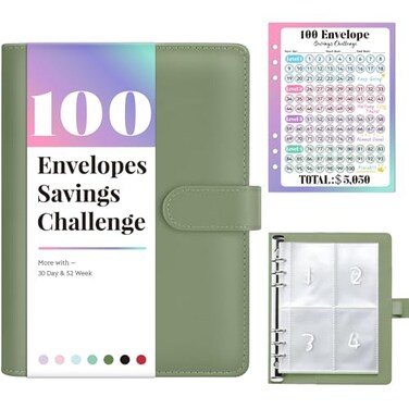 Sooez 100 Envelopes Money Saving Challenge Savings Challenges Book with Envelopes Flexible Saving 5050 2600 300 Savings Binder with 100 Pocket PreNumber Reusable Laminated Tracker