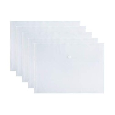 VANRA Poly File Folder Pockets File Jacket Plastic Envelope Flat Document Letter Organizer with Snap Button Closure A4 Letter Size Pack of 5 Translucent