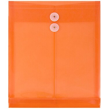JAM PAPER Plastic Envelopes with Button String Tie Closure Letter Open End 9 34 x 11 34 Bright Orange 12Pack