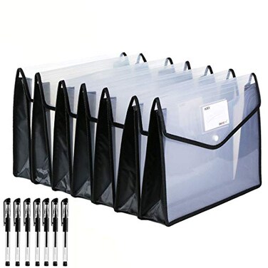 Abgream 7 Pack File Folder Expandable Poly Envelopes B4 Plastic Document Folder Button Closure Waterproof File Pouch with 7pcs Black Gel Ink Pens for School Office Supplies Black