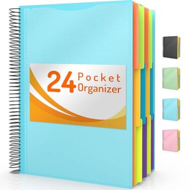 Forvencer 24 Pocket Project Organizer 13cut Tab Binder Organizer with Sticky Labels Multi Pocket Folder with Zipper Pouch Folder Binder Spiral Pocket Notebook Office Supplies