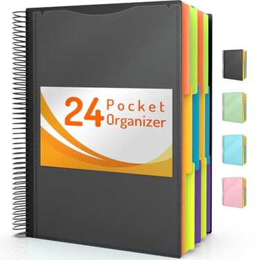 Forvencer 24 Pocket Project Organizer 13cut Tab Binder Organizer with Sticky Labels Multi Pocket Folder with Zipper Pouch Folder Binder Spiral Pocket Notebook Office Supplies