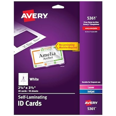 Avery Customizable SelfLaminating ID Cards 225 x 35 White Printable Inserts 30 Laminated ID Cards 5361