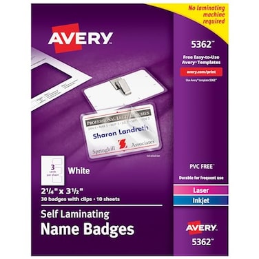 Avery Customizable SelfLaminating Name Badges with Clips 225 x 35 White Printable Inserts 30 Clip Style Laminated Badges 5362