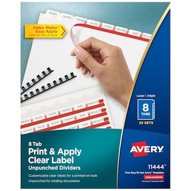 Avery 8 Tab Unpunched Dividers for Use with Any Binding System Easy Print Apply Clear Label Strip Index Maker Customizable White Tabs 25 Sets 11444