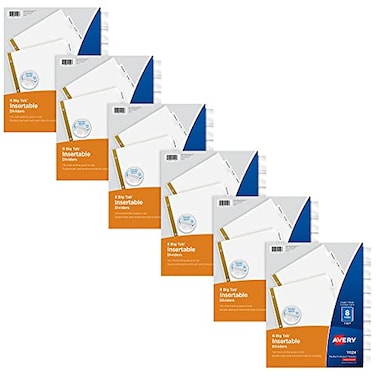 Avery Big Tab Insertable Dividers for 3 Ring Binders 8Tab Sets White Paper Clear Tabs 6 Binder Divider Sets 41124