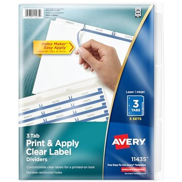 Avery 3Tab Dividers for 3 Ring Binder Easy Print Apply Clear Label Strip Index Maker Customizable White Tabs 5 Sets 11435