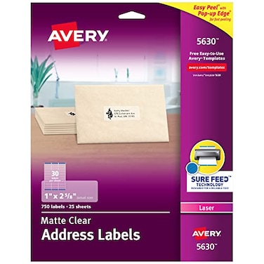 Avery Printable Address Labels Sure Feed Technology 1 x 258 Matte Clear 750 Blank Mailing Labels 05630