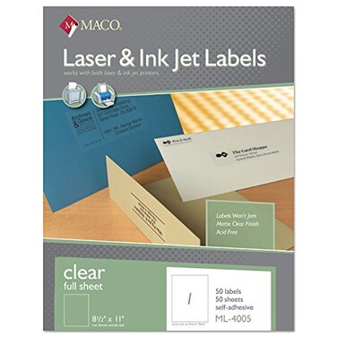 MACO LaserInk Jet Glossy Clear Full Sheet Labels 812 x 11 1 per Sheet 50 per Box ML4005