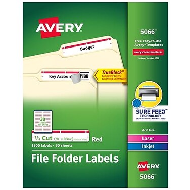 Avery TrueBlock File Folder Labels 23 x 3716 1500 Printable Labels WhiteRed Permanent 5066