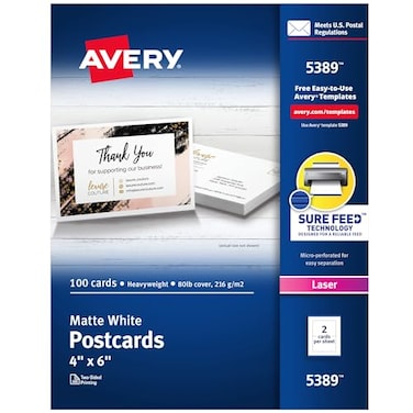 Avery Printable Postcards with Sure Feed Technology 4 x 6 White 100 Blank Postcards for Laser Printers 5389