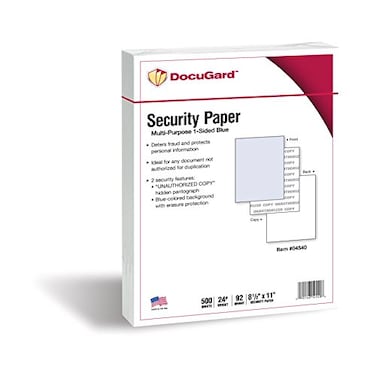 DocuGard Standard Blue MultiPurpose Security Paper Fraud Prevention 2 Security Features Laser Inkjet Printer Compatible 85 x 11 24 lb 500 Sheets 04540