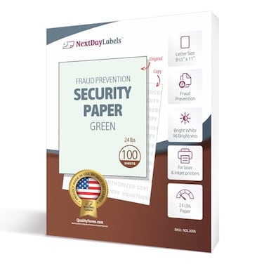NextDayLabels Green Security Paper MultiPurpose UNAUTHORIZED COPY Fraud Prevention Laser Inkjet Printer Compatible 85 x 11 24 lb 100 Sheets