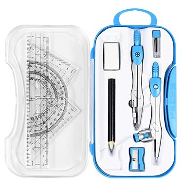 Unjoo Math Geometry Kit Sets 10 Piece Student Supplies with Shatterproof Storage BoxIncludes RulersProtractorCompassEraserPencil SharpenerLead RefillsPencilfor Drafting and DrawingsBlue
