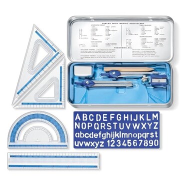 STAEDTLER 10Piece Math Set with Metal Compass 6 Ruler Triangle Squares 45 3060 Set Squares Alphabet Stencil Measuring Tools