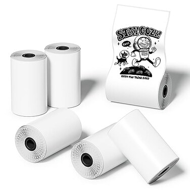 Greateam 57x30mm Thermal Sticker Paper Rolls Mini Printer Stickers for Study Notes Pictures and DIY 6 Rolls Mini Inkless Thermal Printer Sticker Paper Black on White