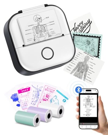 Memoking Mini Printer Sticker Printer T02 Portable Thermal Inkless Sticker Maker Machine Bluetooth Pocket Labeler for Study Graphics Anatomical Diagrams Photos Receipts DIYGift