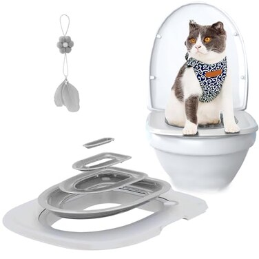 IFASHIHOME Cat Toilet Training SystemsCat Toilet Training KitReusable Plastic Trainer for Pet Cleaning with 1 Replaceable Cat Feather ToyLitter Boxes Gray