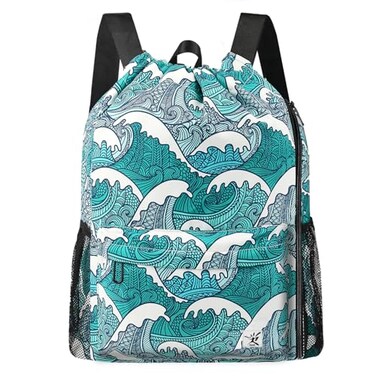 Risefit Drawstring Backpack with Mesh Pockets String Gym Bag Sackpack Sandproof Water Resistant Beach Backpack for Men Women Blue Waves
