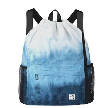 Risefit Drawstring Backpack with Mesh Pockets String Gym Bag Sackpack Sandproof Water Resistant Beach Backpack for Men Women Gradient Blue