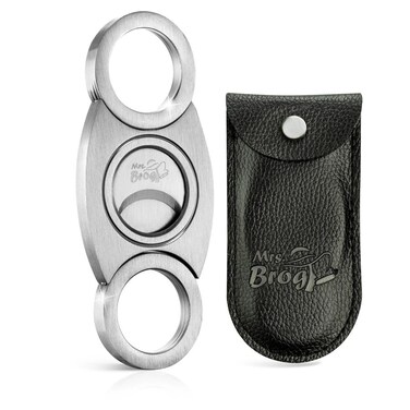 MR BROG Mrs Brog Stainless Steel Cigar Cutter with Back Protector Round Ends and Body Leather Pouch Guillotine Double Blade for a Precise Perfect Cut