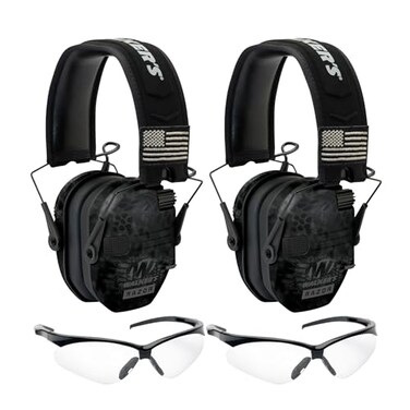 Walker's Walkers Razor Patriot Series HiGain Omnidirectional Microphone Adjustable Range Shooting Hunting Hearing Protection Electronic Earmuffs Camo Bundle with Protective Glasses 2Pack