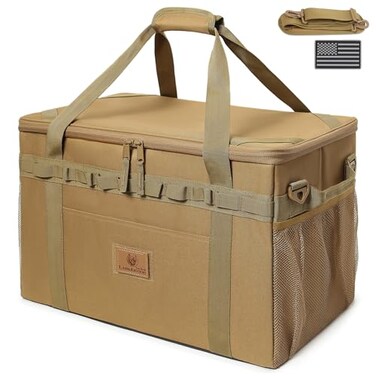 Lemubeane Tactical Camping Storage Bag Utility Tote Bag Camping Kitchen Organizer with Axe Holder Shoulder Strap Coyote Brown Medium 38L