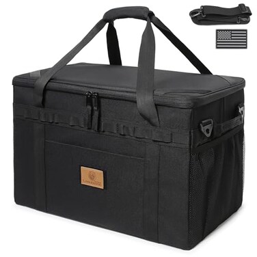 Lemubeane Tactical Camping Storage Bag Utility Tote Bag Camping Kitchen Organizer with Axe Holder Shoulder Strap Black Medium 38L