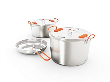 GSI Outdoors Glacier Stainless Steel Base Camper Large 3 Pieces Cookset Compact Durable Pot Pan for Camping