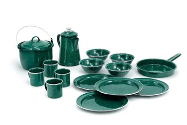 GSI Outdoors Camp Dinnerware Set I 4Person Set Includes Pioneer Enamel Percolator Frypan Kettle Bowls Plates Coffee Mugs
