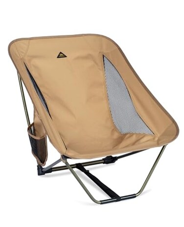 iClimb Low Ultralight Compact Camping Folding Chair with Side Pocket and Carry Bag Khaki
