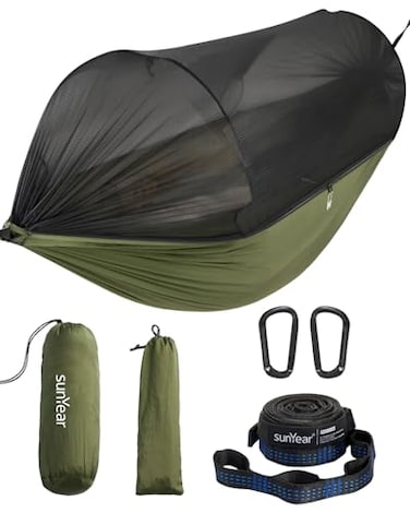 Sunyear Camping Hammock with Net DoubleSingle Hammock with HouseLike Net Easy Setup Pack Lightweight Portable Perfect for Hiking Backpacking Outdoor Sleeping