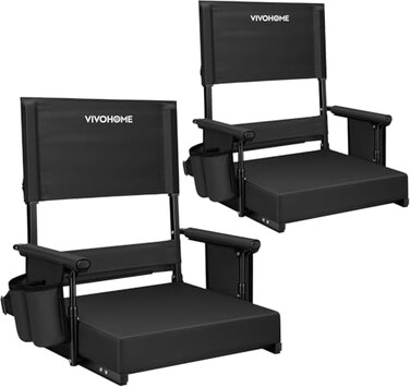 VIVOHOME Height Adjustable High Back Stadium Seats with Back Support and Cushion 2 Pack Portable Bleacher Chairs with Cup Holder and Shoulder Strap Black