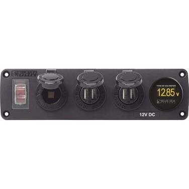 Blue Sea Systems 4368 WaterResistant Accessory Panel 12V Socket 2x 21A Dual USB Chargers Mini Voltmeter