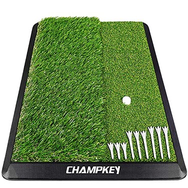 CHAMPKEY DualTurf Golf Hitting Mat Come with 9 Golf Tees 1 Rubber Tee Heavy Duty Rubber Backing Golf Practice Mat Ideal for Indoor Outdoor Training13x17 LITE Version