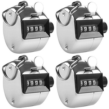 AFUNTA 4 Digit Hand Tally Counters 4 Pack Mechanical Lap Tracker Manual Clicker with Metal Finger Ring Hoop Holder Silver
