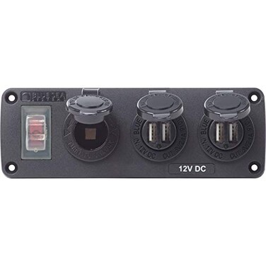 Blue Sea Systems 4365 WaterResistant Accessory Panel 15A Circuit Breaker 12V Socket 2X 21A Dual USB ChargersBlack