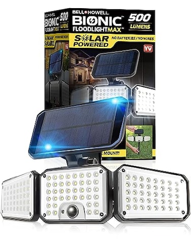 BellHowell BellHowell Bionic Flood Light AS SEEN ON TV 500 Lumen Deluxe Version Bionic Floodlight LED Solar Flood Lights Outdoor Motion Sensor Waterproof Solar Security Lights with 360 3 Panel Design