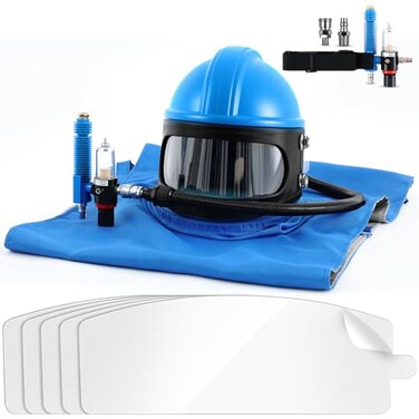 Saysurey Sandblaster Helmet Set Includ 1 Sandblasting Hood Protector 1 Thermostat and 5 pcs Replacement Outer Lens with Shoulder Protective Sand Blast Hood Protector for Sandblasting EquippedBlue