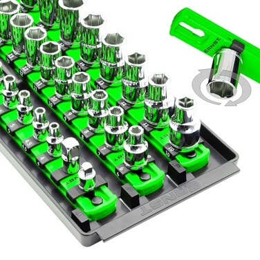 Ernst Manufacturing 8481 Socket Boss 3Rail MultiDrive Socket Holder Tray for Toolbox TwistLock Secures Sockets Green Clips for SAE Metric Socket Sets Made in USA