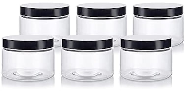 JUVITUS 12 oz Clear PET Plastic Refillable Low Profile Jar with Black Smooth Lids 6 pack