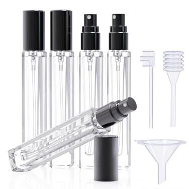 seafulee 5PCS Cologne Atomizer Empty 10ML Mini Perfume Bottles Refillable With Dispenser Tools Pocket Perfume Spray Bottle for Travel and Sample Container Transparent Black Cap