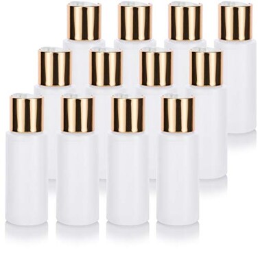 JUVITUS 12 Pack 2 oz Clear Natural Refillable Plastic Squeeze Bottle with Gold Metal Disc Cap Top