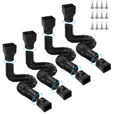 Gutterlix 4 Pack Flexible Gutter Downspout Extensions Extendable from 21 to 67 Downspout Extender Comes with Adapters Thickened Down spout Drain Extension for Rainwater DrainageBlack